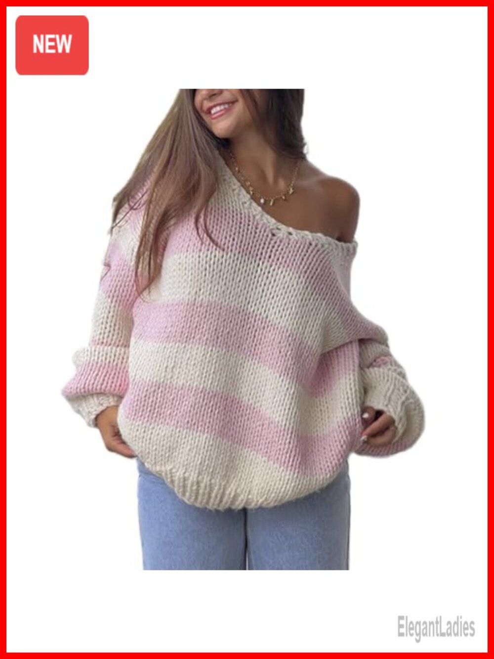 Women's Oversized Chunky Knit Striped Sweater Boat Neck Loose Fall Pullover